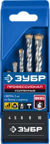 Фото ЗУБР  5 шт: d 4-5-6-8-10 мм, трехгранный хвостовик, набор сверл по бетону усиленных, Профессионал (2 Зубр 2916H5Z01 Зубр