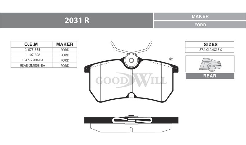 Колодки тормозные задние дисковые к-кт для Ford Fiesta 2001-2008 2031R Goodwill