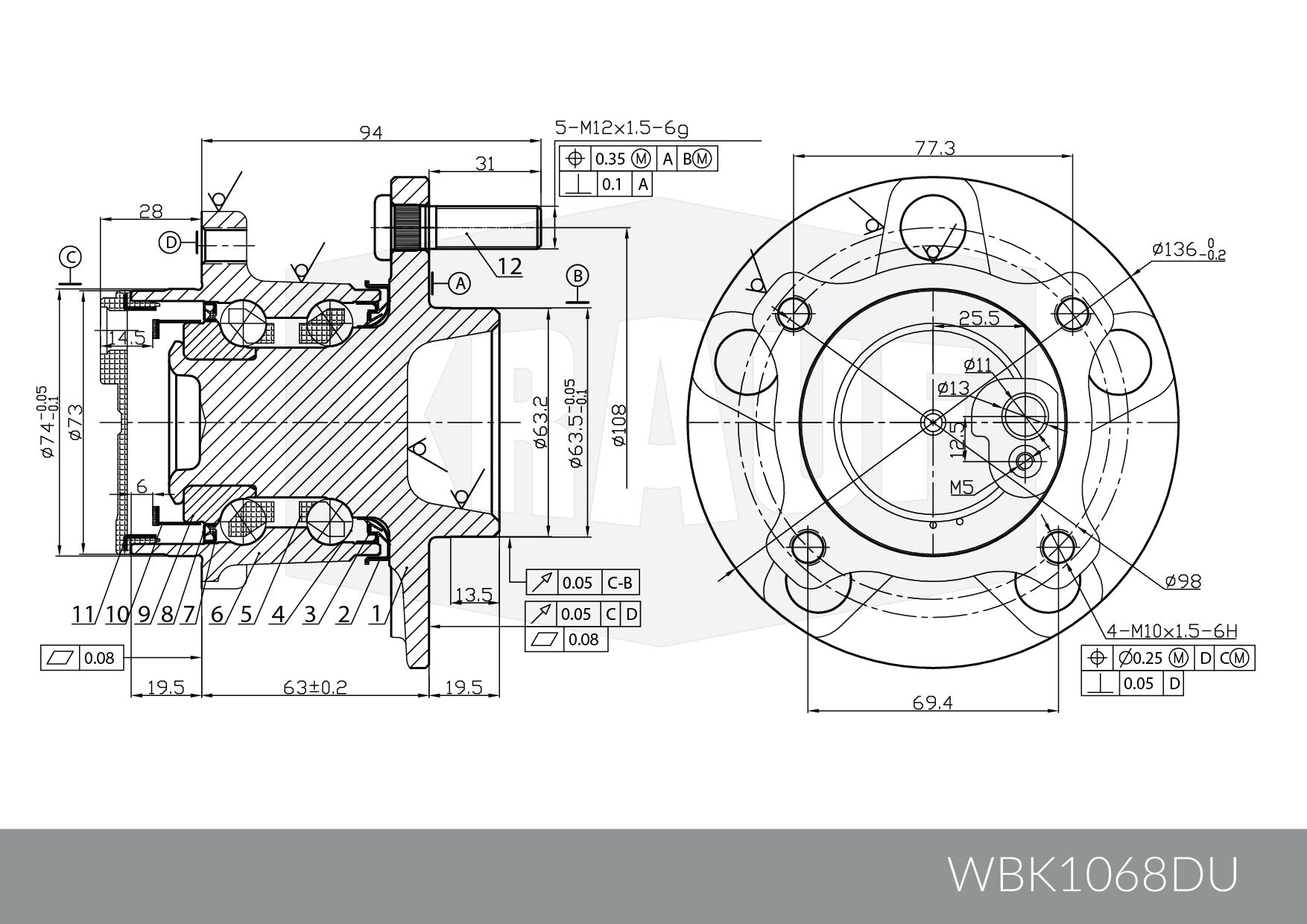 Ступица колеса с подшипником в сборе и монтажный комплект WBK1068DU Krauf