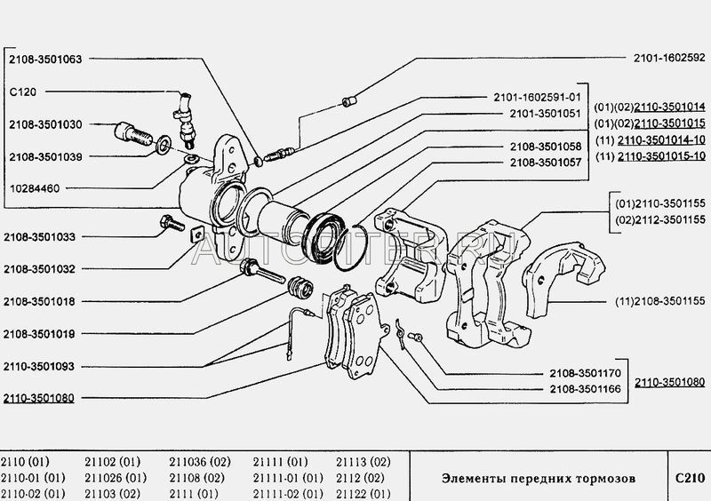 Колодки тормозные ВАЗ-2110,2170,2190 передние Калина,Приора,Гранта АвтоВАЗ к-т 21103501080 Автоваз