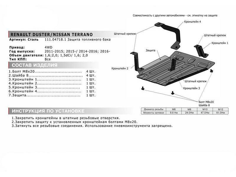 Защита топливного бака для Renault Duster 2012> 111047181 АвтоБроня