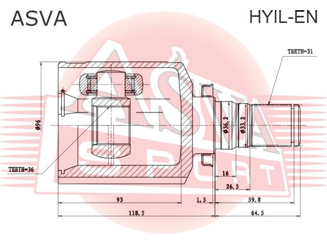 ШРУС внутренний левый 36x36.2x31 HYUNDAI IX55 (EN) 2008- HYILEN Asva