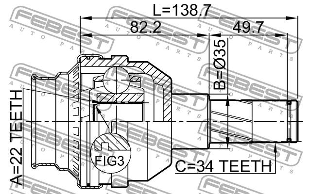 Шрус внутренний передний правый/левый 22x35x34 CHEVROLET AVEO (T200) 2003-2008/KALOS 1111T200 Febest