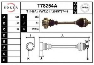 Полуось передняя для VW Transporter T4 1996-2003 T78254A Eai