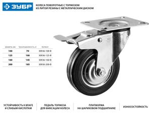 Колесо поворотное c тормозом d=125 мм, г/п 100 кг, резина/металл, игольчатый подшипник, ЗУБР Професс 30936125b Зубр
