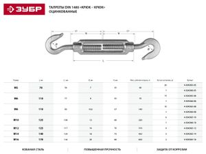 Талреп М12 крюк-крюк кованая натяжная муфта оцинкованный ЗУБР Профессионал DIN 1480 430436512 Зубр