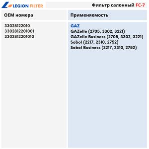 ФС-7 Фильтр салона ГАЗель "Легион" fc7 Legion