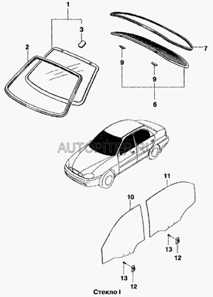 Стекло опускное LANOS (тонированное А01) 96304054 General Motors