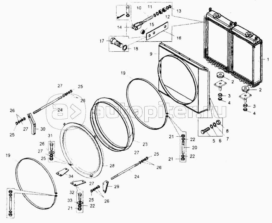 Установка системы охлаждения двигателя. Вид 1;Mounting of the engine cooling system. View 1