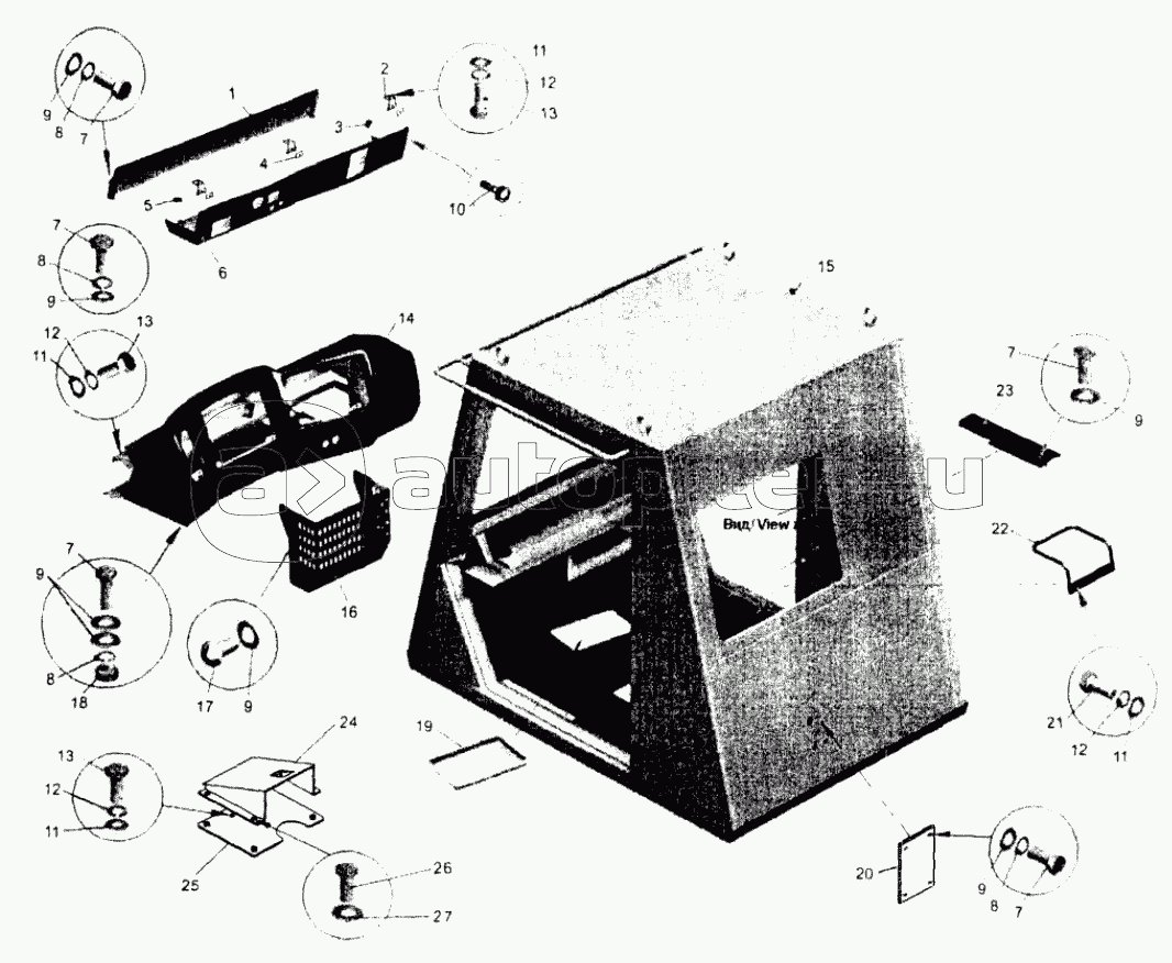 Кабина. Установка приборных панелей и кронштейнов педалей;Cabin. Mounting of instrumentation panels and pedal brackets