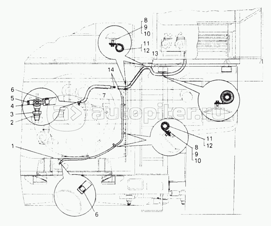 Установка трубопроводов отопителя кабины;Mounting of cabin heater pipelines