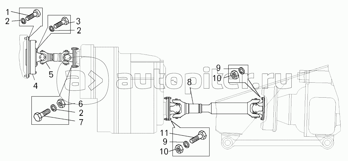 Установка карданных валов на самосвале БелАЗ-7547;Mounting of cardan shafts on dump truck BELAZ-7547