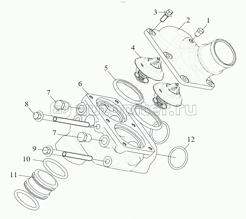 Термостат, крышка термостата, штуцера циркуляции по малому кругу