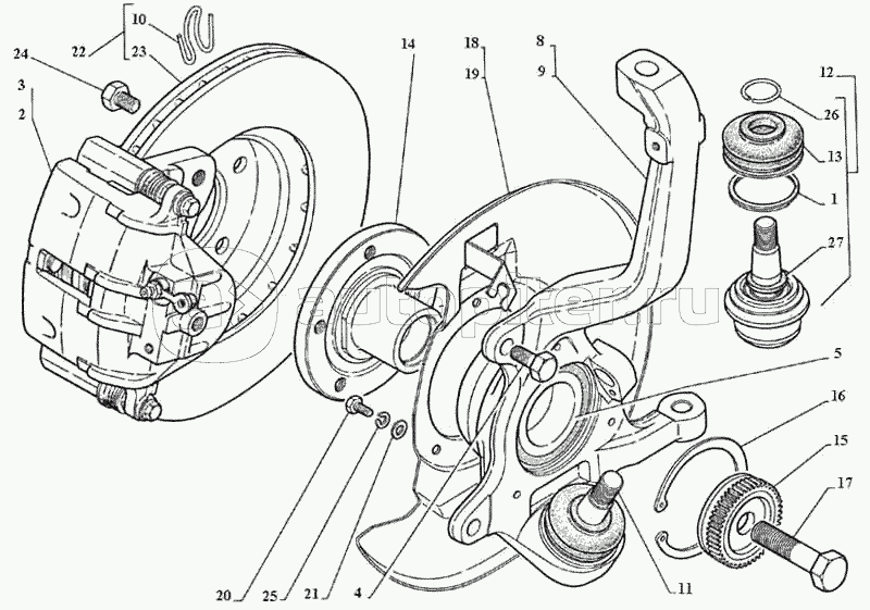 Стойка передней подвески со ступицей колеса, шарнир подвески нижний