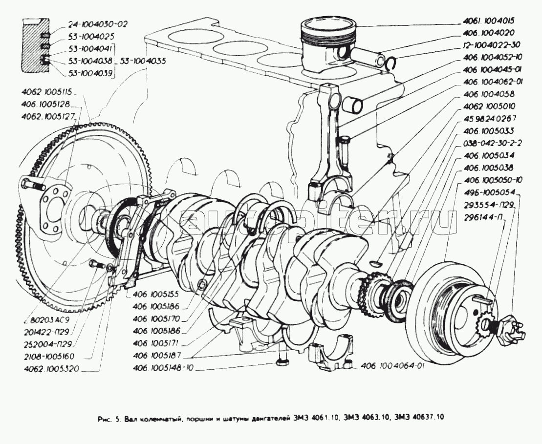 Вал коленчатый, поршни и шатуны двигателей ЗМЗ 4061.10, ЗМЗ 4063.10, ЗМЗ 40637.10