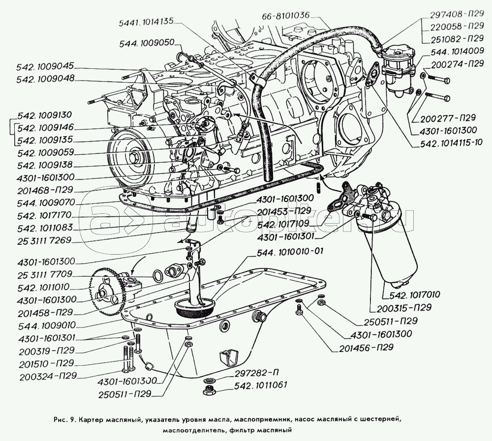 Картер масляный, указатель уровня масла, маслоприемник, насос масляный с шестерней, маслоотделитель, фильтр масляный