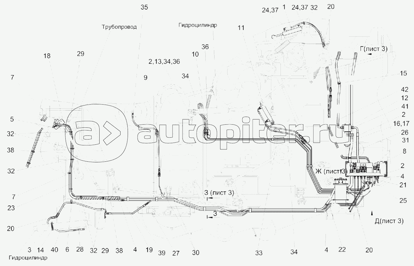 Гидросистема рулевого управления и силовых гидроцилиндров КЗК-8А-2-0602000-03 (лист 2)
