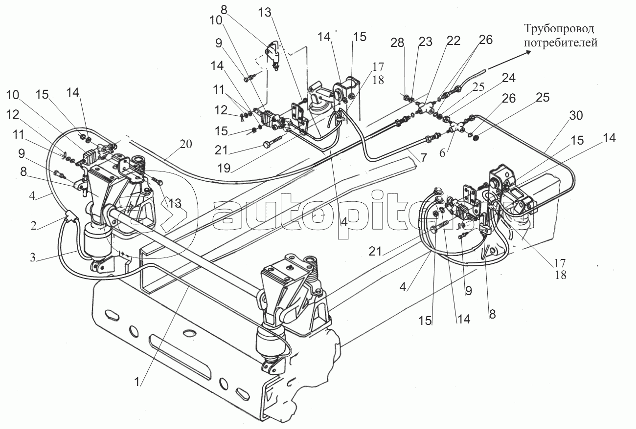 Установка регуляторов положения кабины c пневмогидроэлементами 6430-5001940-010