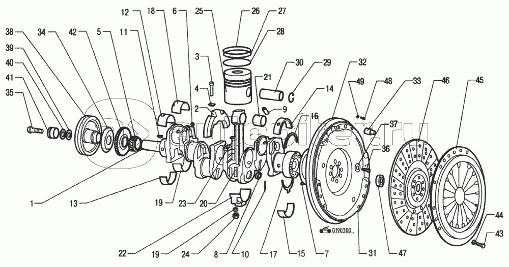 Вал коленчатый. Поршень с шатуном. Маховик